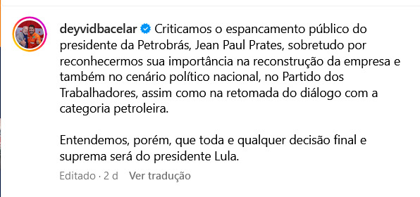 Coordenador da FUP não se envergonha de apoiar publicamente Prattes, presidente da Petrobras.